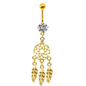 Piercing de nombril attrape-rêves doré avec pendentif étoile et plumes en acier chirurgical