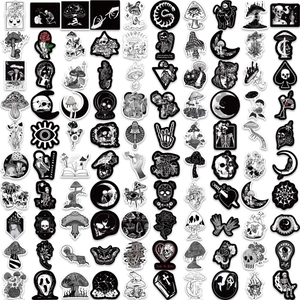 Gothic black and white waterproof stickers featuring skulls, moons and mushrooms for DIY decor