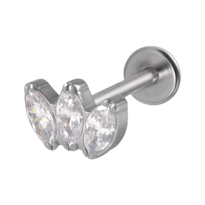 G23 titanium labret stud with three marquise cut cubic zirconia in a curved silver setting