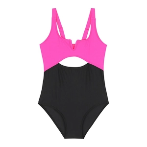 Pink and black color block one-piece swimsuit for girls with waist cutout and wide straps