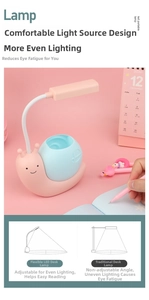 Detail view of pink and blue snail LED desk lamp with flexible neck for eye protection