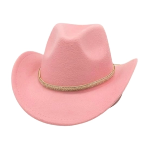 Detail of pink felt western cowboy hat featuring a gold woven band and wide curved brim