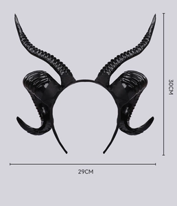 Detailed view of black ram horns headband showing dimensions 30cm height and 29cm width