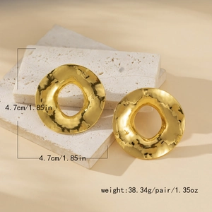 Detail view of large gold hammered texture round earrings with size and weight info