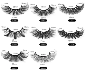 Detailed size guide for 8D faux mink eyelashes showing length measurements and 9 style variants