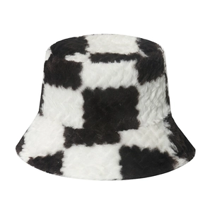 Winter fluffy faux fur bucket hat with black and white checkerboard pattern for women