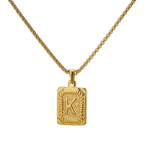 18K gold plated stainless steel square necklace with letter K pendant on a box chain
