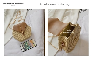 Detail showing the internal storage space and size comparison of the woven hexagonal bag