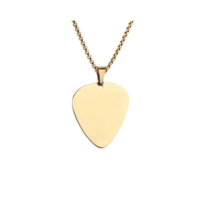 Polished gold guitar pick pendant necklace made of stainless steel on white background