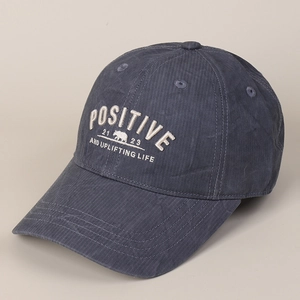 Détail d'une casquette en coton bleu marine vintage avec broderie 3D blanche POSITIVE