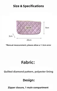 Detailed size specifications for purple quilted stationery pouch measuring 20x9x3 cm
