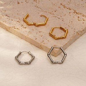 Boucles D'oreilles Créoles Hexagonales Acier Inoxydable Texture Bambou Géométrique Minimaliste Mode Pour Femmes