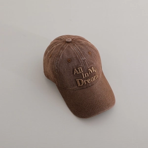 Vintage washed brown baseball cap with 'All in My Dream' embroidery for boys