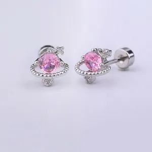 Pink planet cubic zirconia stud earring in 316L titanium steel with orbiting crystal ring