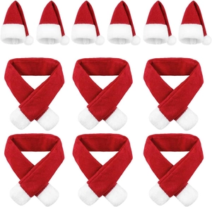 Set of mini red and white plush Christmas hats and scarves for wine bottle decorations
