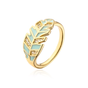 Macro detail of leaf-shaped gold ring with light blue enamel and zircon stones