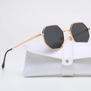 Classic octagon gold metal frame sunglasses with black lenses and leather case