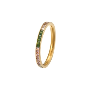 Golden baguette-cut colorful zircon stackable ring with emerald and purple stones