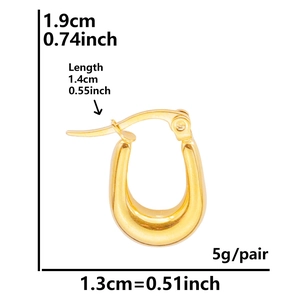 Polished 18k gold plated stainless steel U-shaped hoop earrings with size specifications