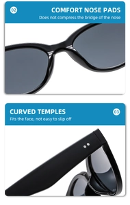 Detail of integrated nose pads and wide curved temples on black cat eye sunglasses