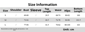 Detailed size chart for floral V-neck top and maxi skirt set showing measurements in cm