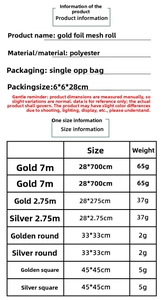 Detail showing polyester gold foil mesh table runner rolls with product size specifications