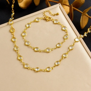 Gold Plated Stainless Steel Jewelry Set Round Transparent Crystal Necklace And Bracelet For Women Fashion Geometric Accessary