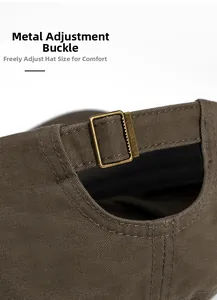 Macro detail of cotton baseball cap with adjustable antique bronze metal buckle closure