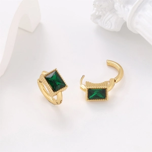 Close-up of rectangular green crystal earrings with gold plated stainless steel hoops