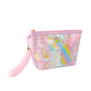 Pink unicorn cosmetic bag with glitter PVC texture and a soft pink fluffy pompom keychain