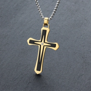 Hip hop double-layer cross necklace in gold and black with central rhinestone