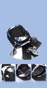 Detail of black camo chest bag showing large capacity for camera, phone and daily essentials