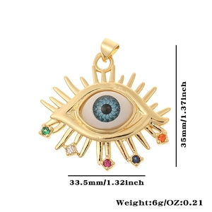 Detail view of evil eye pendant with dimensions 35mm height and weight 6g in gold finish