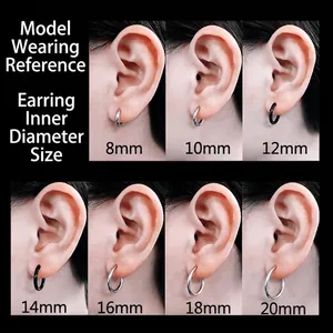 Titanium steel hoop earrings in various sizes from 8mm to 20mm shown on model