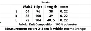 Detailed size chart for the knit sweater skirt set including waist and length dimensions