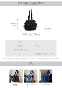 Size details of the denim bucket bag showing dimensions 25cm height and 27cm width