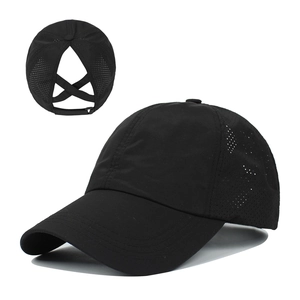 Women's black ponytail baseball cap with breathable mesh and elastic criss-cross back