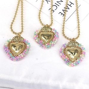 Three layer candy color beaded heart pendant necklaces with golden ball chains set