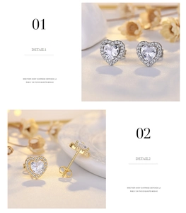 Macro detail of heart-shaped earrings with halo cubic zirconia setting and silver studs