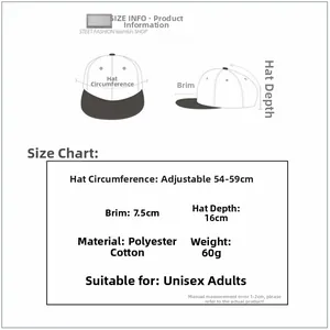 Size guide for adjustable tie-dye baseball cap showing dimensions and material details