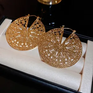 Vintage gold hollow round disc earrings with intricate geometric filigree design
