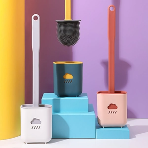 Cloud-shaped silicone toilet brush set with wall-mounted base in three modern colors