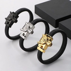 Men Wolf Head Braided Bracelet Stainless Steel And Cowhide Leather Vintage Punk Style Fashion Jewelry