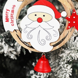 Wooden Santa Claus Christmas wreath ornament with red bells and Merry Christmas tag
