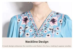 Detail of V-neckline and vintage floral pattern on light blue long sleeve mini dress