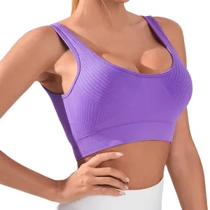 Canotta yoga viola senza cuciture a costine con spalline larghe e scollo a U per fitness