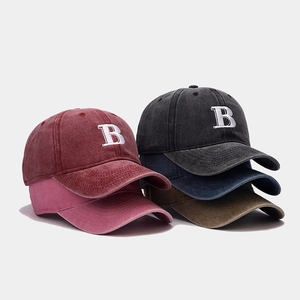 Washed Cotton Baseball Cap With Letter B Embroidery Vintage Distressed Sun Protection Adjustable Hat For Men And Women