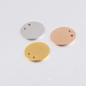 Polished 21mm stainless steel round charms in silver, gold, and rose gold with double holes
