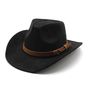 Classic black wool western cowboy hat with brown faux leather band and metal ring detail