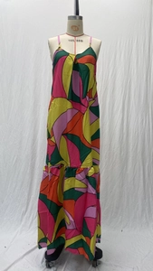 Detail of A-line geometric print dress with ruffled hem and vibrant multicolored fabric